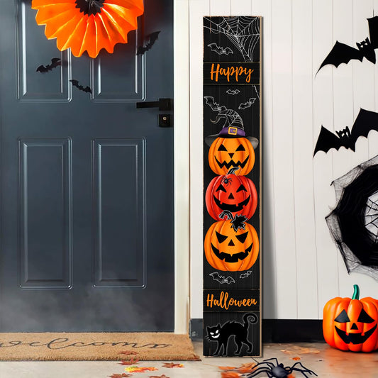 Halloween Porch Sign, Happy Halloween Sign for Front Porch, Scary Pumpkin Wooden Sign Yard, Vertical Wood Sign Standing for Patio Front Door Porch, Black Cat Witch Hat Decor for Holiday Home Party Wall Yard Indoor Outdoor Decoration, 47x8 inch
