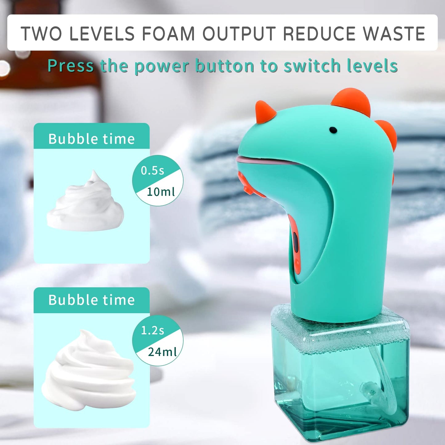 CADUFUELLY Automatic Soap Dispenser, Cute Touchless Foaming Soap Dispenser, IPX6 Waterproof, 2 Levels Foam Adjustable, Smart Hand Dispenser for Bathroom Kitchen 8.7oz/250ml (Dinosaur)