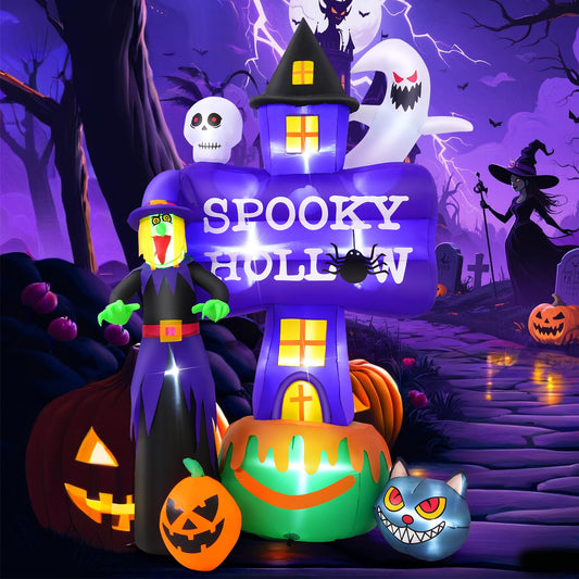 Whubefy 8FT Halloween Inflatable Outdoor Decoration Witch Ghost Tombstones Combo, Skull Cat Halloween Decor with LEDs, Blow Up Halloween Decorations Outdoor Inflatable Pumpkin for Yard Garden Indoor