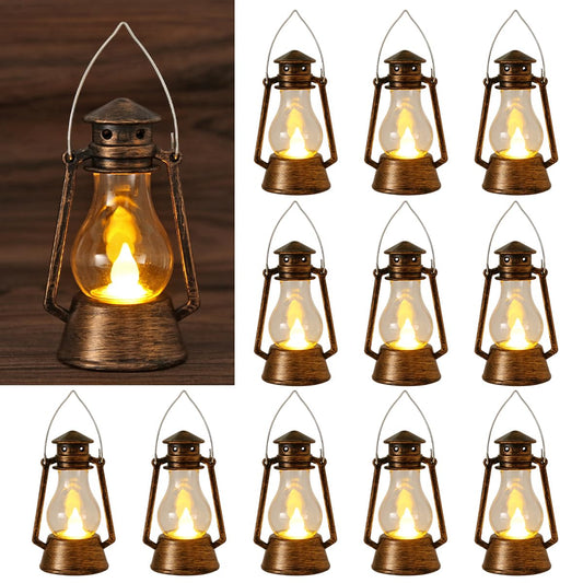 LJQizn 12Pcs LED Mini Vintage Lanterns Decor Indoor Decorative Outdoor Hanging Lantern Decorative Small Candle Lanterns Farmhouse Decor for Wedding Centerpiece,Halloween,Christmas,Farmhouse Decorative