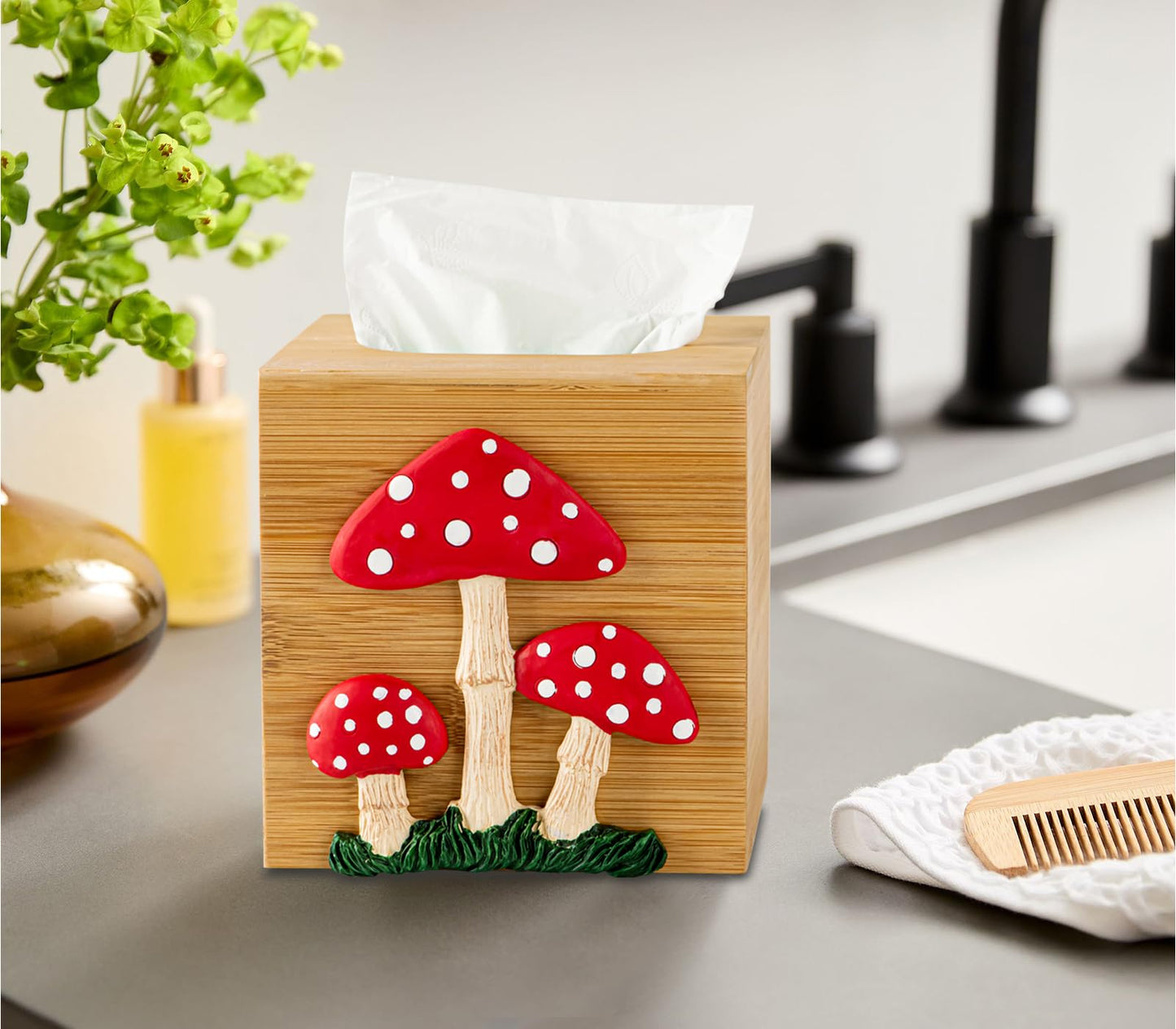 Mushroom Tissue Box Cover Square Tissue Box Holder Bamboo Tissue Box Holder Square Cube Decorative