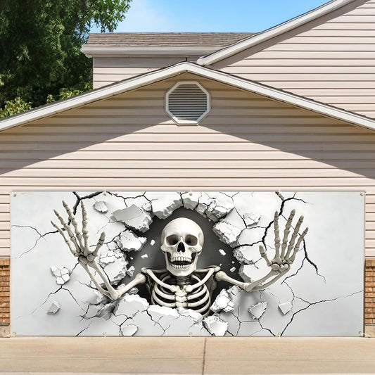 7 * 16FT Halloween Garage Door Cover Decorations Halloween Scary Skeleton Garage Door Banner for Outdoor Indoor Halloween Decorations Party Photography Backdrop