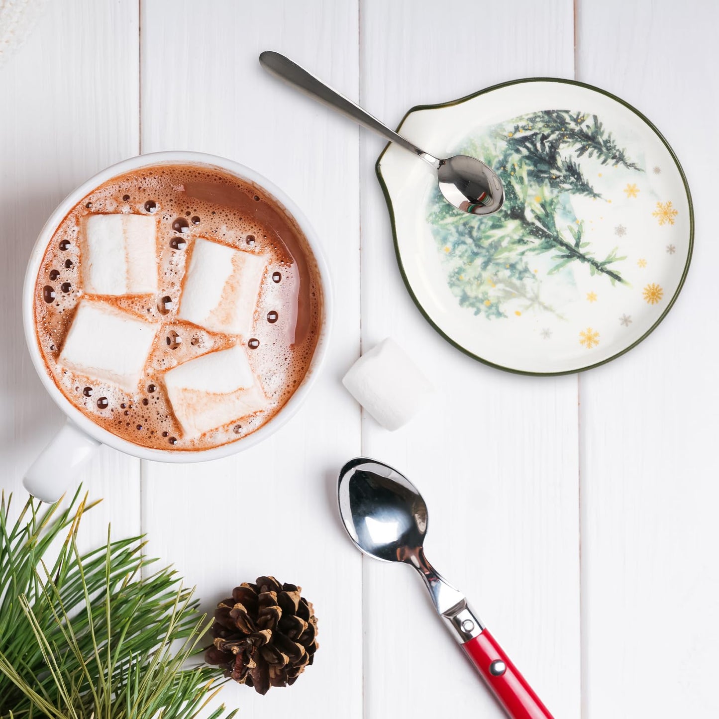 JarThenaAMCS 4.7inch Christmas Forest Spoon Rest Watercolor Xmas Tree Snowflake Small Coffee Spoon Holder for Winter Xmas Coffee Stirrers Teaspoon Bar Coffee Station Christmas Accessories