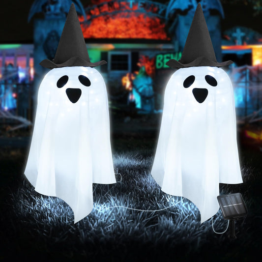 DAYLIGHTIR Solar Halloween Ghost LED Lights Outdoor, Set of 2 Big Ghost with Hat Stake Lights 2 Modes for Outdoor Halloween Pathway Yard Garden Decoration (Cool White-Ghost, 2 Pack)