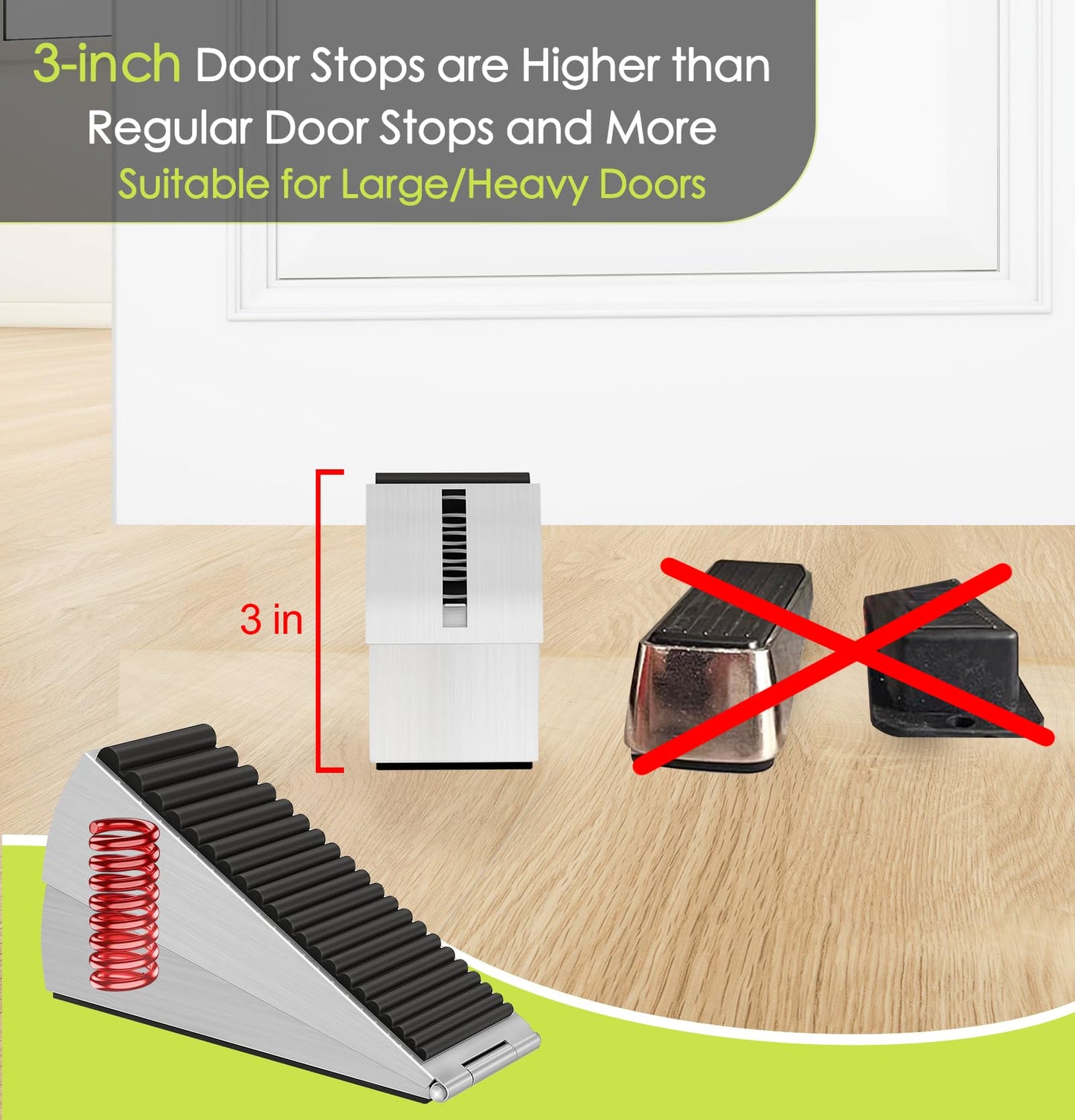 3 Pcs Adjustable Heavy Duty Spring Door Stopper, 3-Inch Metal Rubber Door Wedge, Stainless Steel Door Holder at the Bottom, Doorstop for Any Heavy Doors