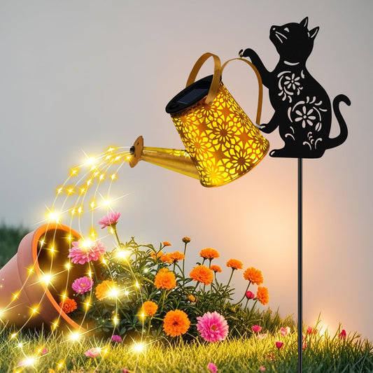 Solar Lights Outdoor Decorative, Watering Can with Cascading Lights, with Cat Silhouette Garden Stakes, Gifts for Mom Women, Waterproof Metal Garden Decor for Yard Art, Outside, Patio, Lawn Ornaments