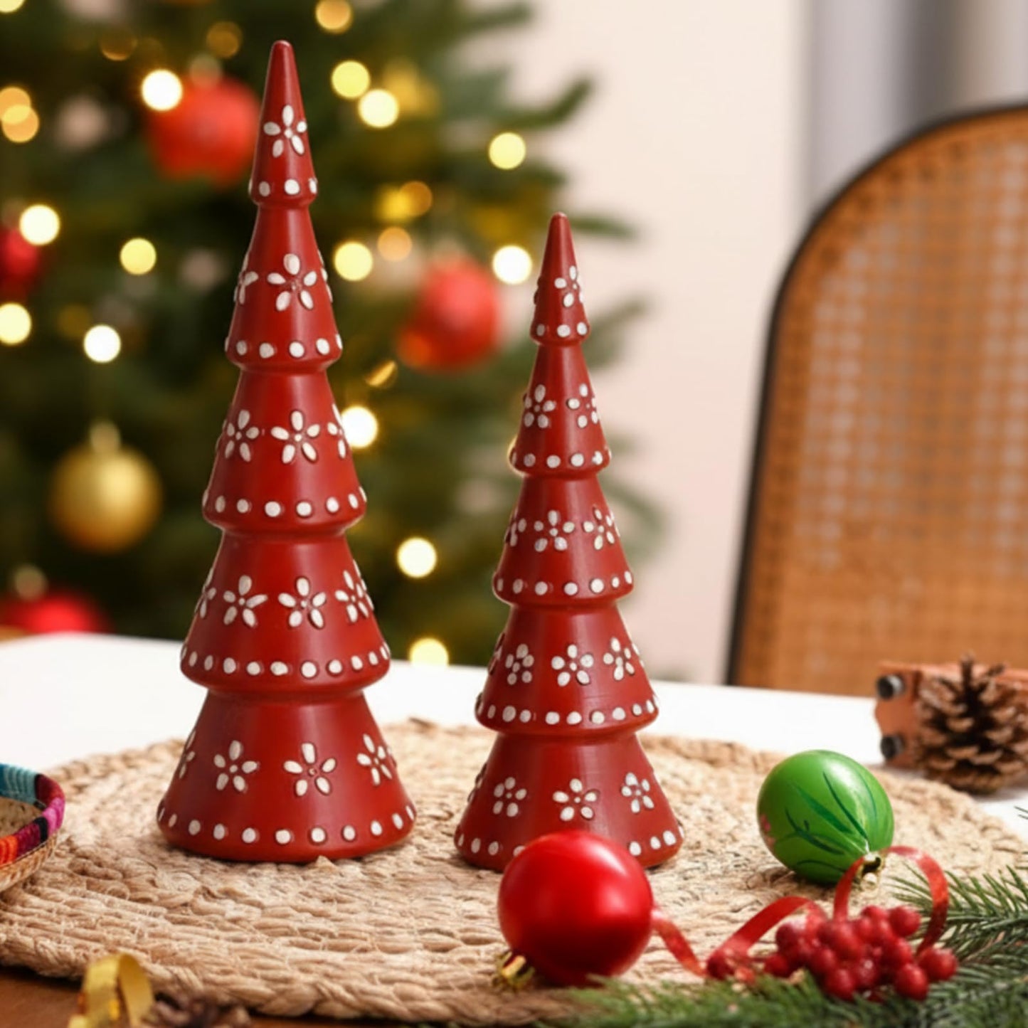 Geelin 2 Pcs De Barro Mexican Christmas Decorations Talavera Christmas Tree Figurines Boho Resin Decoration Terracotta Table Centerpiece for Accents Xmas Mantel Shelf Fireplace Gift