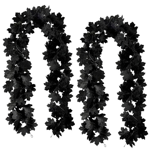 Joyhalo 2 Pack Halloween Garland, 5.7FT Black Leaf Garland for Mantle, Artificial Hanging Black Maple Leaves Vines, Spooky Halloween Outdoor Floral, Haunted Mansion, Fireplace, Fall Decor