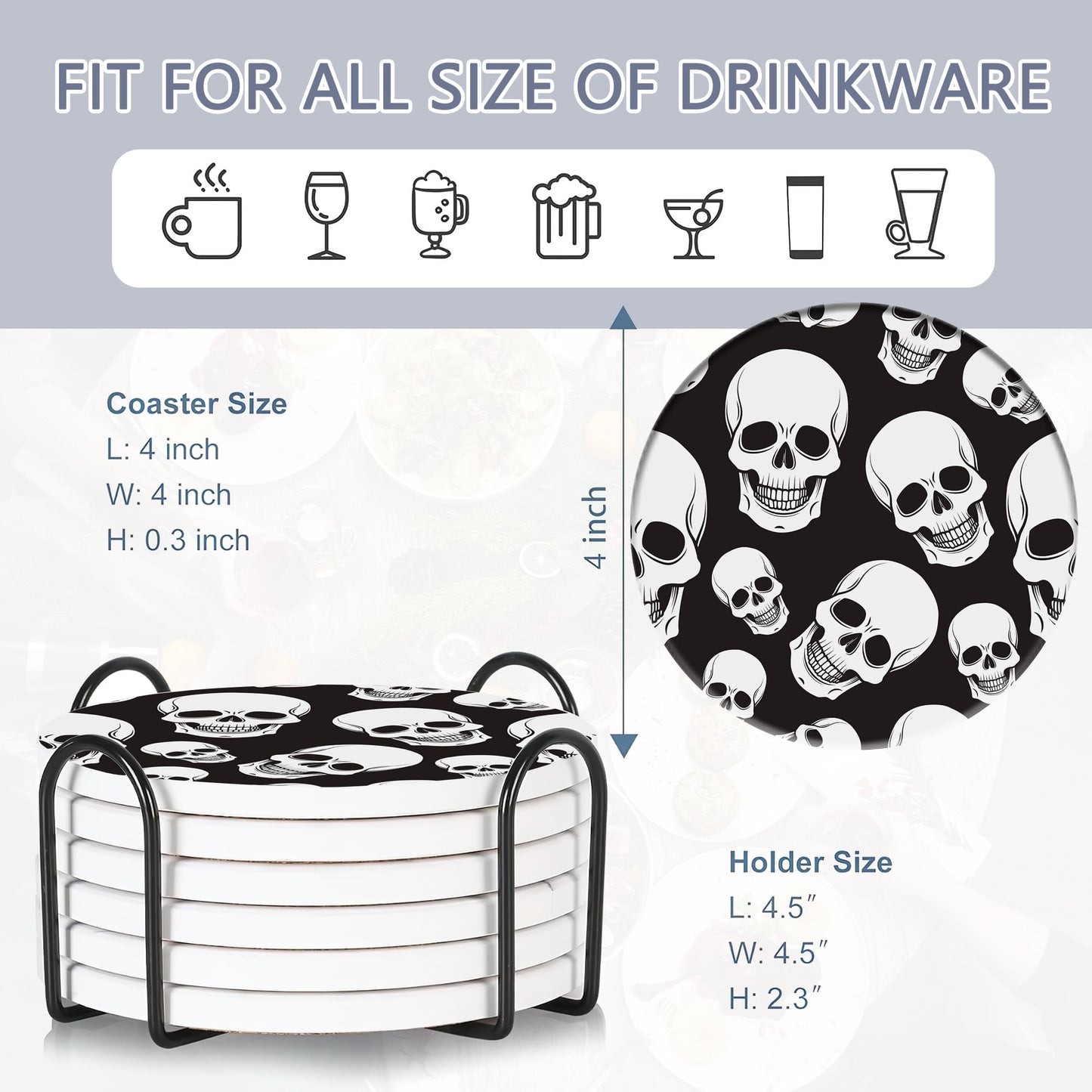 Coaster for Drinks Set of 6, Skeleton Skull Absorbing Round Ceramic Stone Coaster with Cork Base,Tabletop Protection Mat for Mugs and Cups,Coffee Table Wine Glass Home Bar 4 Inch