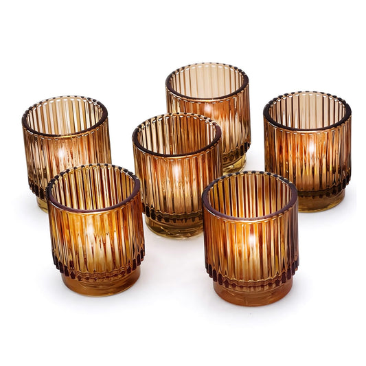 Kate Aspen Vintage Glass Tealight & Amber Votive Candle Holders (Set of 6) Rustic Fluted Candle Holder Set, Boho Home Decor, Wedding Table Centerpieces, Farmhouse Kitchen Table Decor