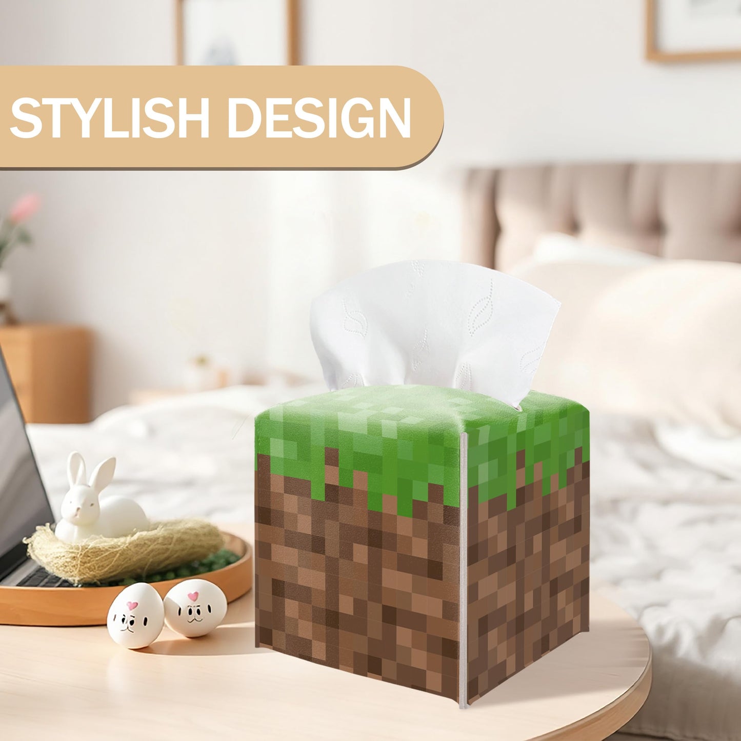 Pixel Grass Block Leather Tissue Box Cover, Square Holder