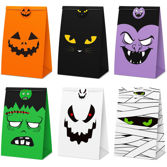 TaoBary Halloween Treat Bags Cute Trick or Goody Bags Halloween Paper Favor Bag with 6 Assorted Designs Stickers for Trick or Goody Birthday Party Event Supplies(30 Pcs)