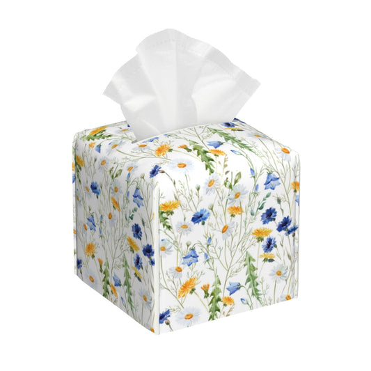 Tissue Box Cover Square, Watercolor Dandelion Cornflower Flower Leather Tissue Box Holder Decorative Organizer for Bathroom, Home Office Car Decor