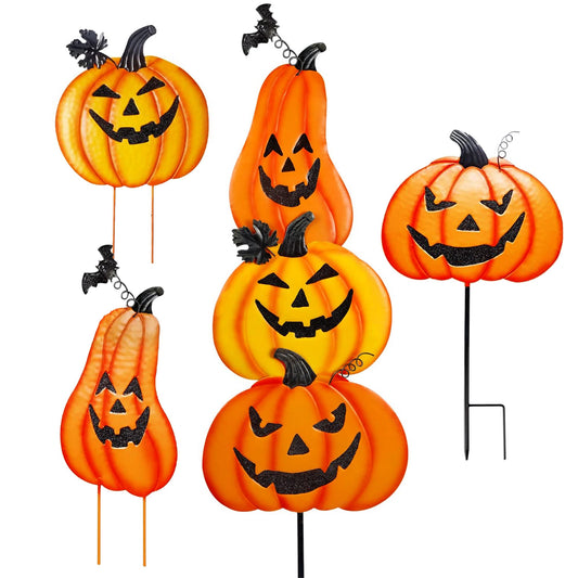 CAMATET Halloween Metal Pumpkin Yard Stakes, Stackable Pumpkin Signs Garden Stake with Witch Door Hanging, Outdoor Halloween Decorations for Lawn Party (Set of 3, Style A)