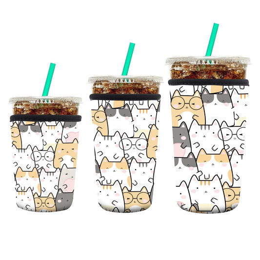 AUEKLLW 3 Pack Reusable Neoprene Insulator Sleeve for Iced Coffee Cups, Funny Coffee Cup Sleeves for 16-32oz Coffee cups, Cute Drink Sleeve for Cold Hot Beverages Cute Cats
