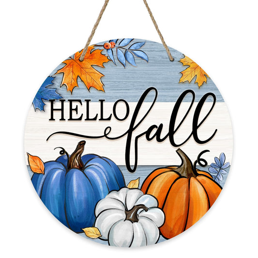 Deroro Hello Fall Blue White Pumpkin Front Door Sign, Autumn Maple Leaves Stripes Wood Door Hanger Outdoor Outside Porch Decor, Farmhouse Rustic Wooden Wreath Indoor Wall Hanging Decoration