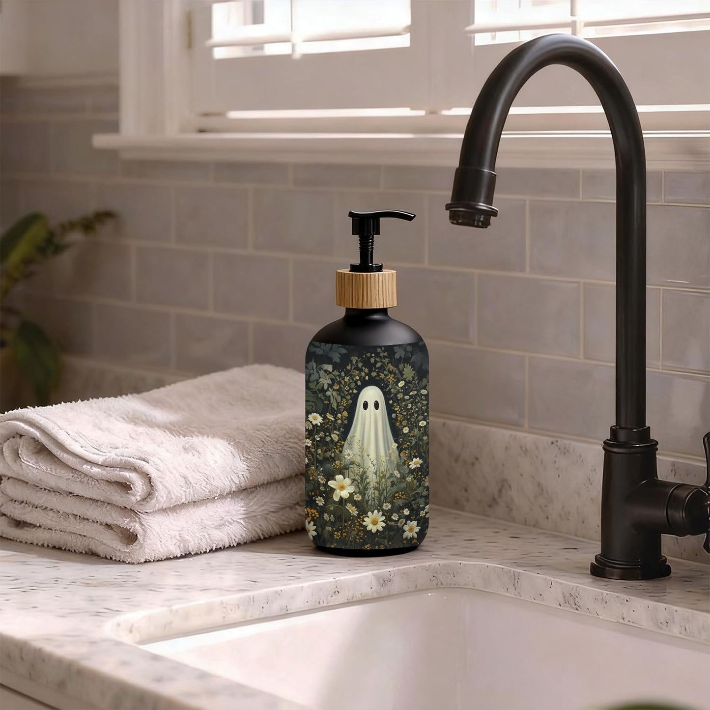 OuOvOwO Halloween Ghost Floral Black Glass Soap Dispenser