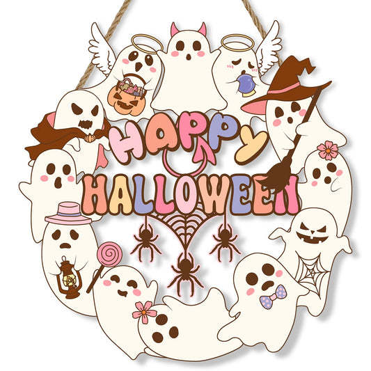 Britimes Pink Halloween Door Sign for Front Door Decor, Pink Cartoon Ghost Decorations Happy Halloween Wooden Hanging Wreath Signs for Home Wall Porch Outdoor Party Decor