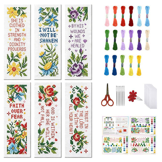 FREEBLOSS 6 Set Cross Stitch Bookmark Kits Stamped Embroidery Kit Bookmarks DIY Book Marks Printed Cross Stitch Kits with Instructions 8''x2.4'' Flowers Daisy Rose Lily