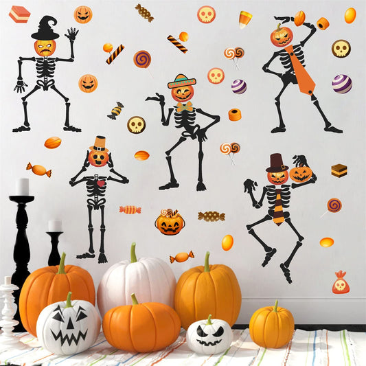 Halloween Skull Wall Decal Halloween Wall Stickers Skeleton Ghosts Pumpkin Candy Wall Decals Gothic Funny Halloween Window Clings Peel and Stick for Kids Bedroom Living Room Window Halloween Party Decor