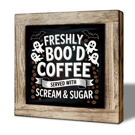 Funny Halloween Ghost Decor, Freshly Boo'd Coffee Sign, Kitchen Decoration for Shelf, Farmhouse Tabletop Decors, Coffee Lover Home Decors, Halloween Cafe Bar Decor 5.9x5.9 inches