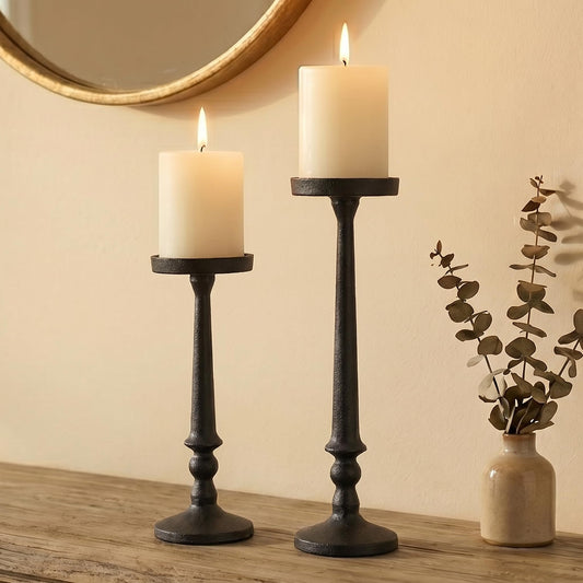 BANOMII Vintage Iron Pillar Candle Holders Set of 2 12.2" & 10" Tall Candleholders - Rustic Black Candle Stands - Dining Table Centerpieces - Christmas Fireplace Mantel Decor