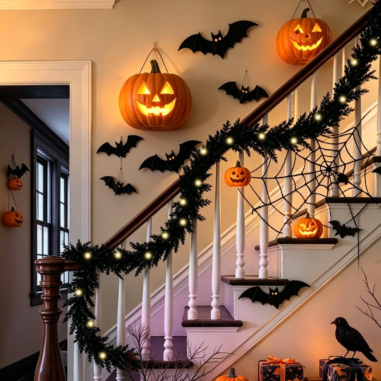 Xyalrax 9 FT Black Halloween Garland,Spooky Halloween Cedar Pine Garland Decoration with LED Light Faux Realistic Artificial Black Hanging Vine Twigs for Mantle Party (Black Halloween Garland)