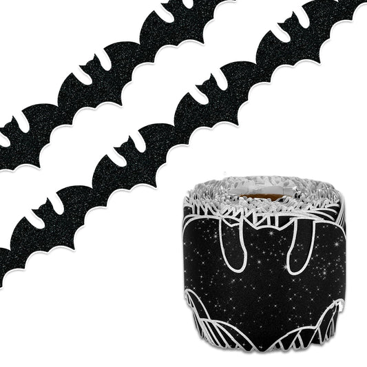 Whaline 65.6Ft Halloween Bulletin Board Border Glitter Black Bat Die Cut Trim Border Roll for Spooky Chalkboard Wall Decor