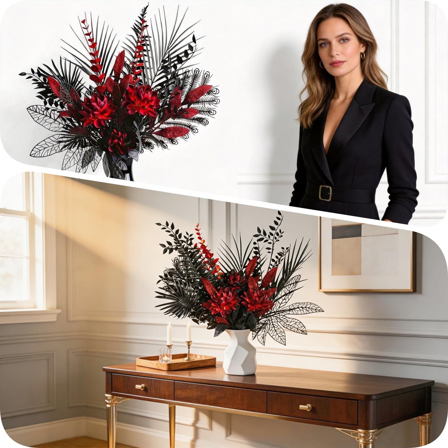 Gothic Black Red Artificial Flower Bouquets, 16-Stems Faux Silk Dahlia, Hollowed Foliage，Shining Eucalyptus Leaves, Dark Style, Themed Party，Bar Decoration，Halloween, Romantic Wedding (Without vases)