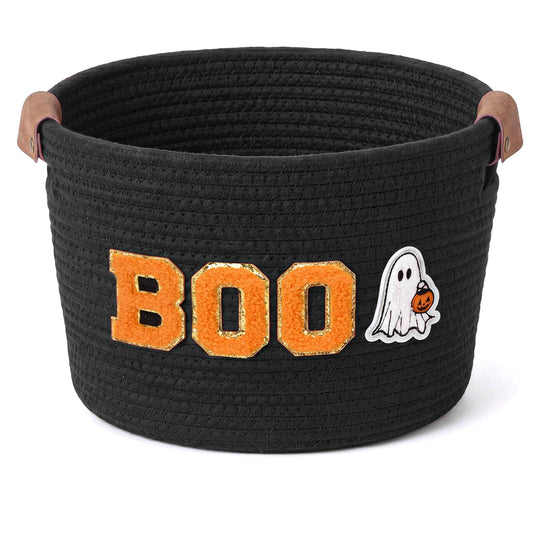 Acellegic Halloween Woven Rope Basket 13 x 8.7 x 7.9 Inch BOO Ghost Decorative Storage Basket with Ghost Pendant Halloween Candy Bowl Trick or Treat Bucket Party Favors for Home Nursery Organizer