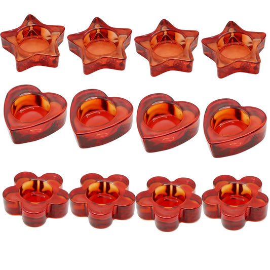 Red Votive Candle Holders Set of 12, (3 Sizes,Heart/Flower/Star) Glass Tealight Candle Holders Bulk for Wedding Table Centerpiece,Birthday Party,Valentines Day,Christmas Decorations,Home Decor(Red)