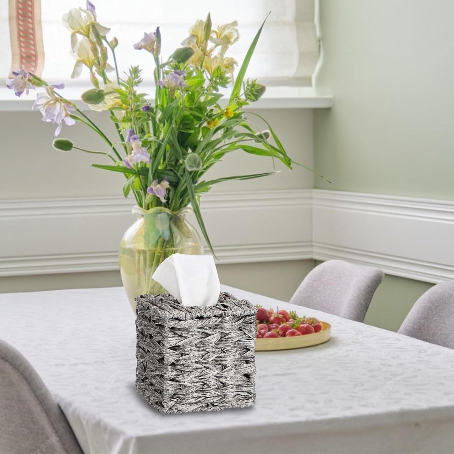 Sumnacon Wicker Tissue Box Cover, Square Tissue Box Holder, Hand Woven Facial Tissues Dispenser, Decorative Boho Tissue Box Organizer for Bathroom Bedroom Kitchen Office Table Desk Counter, Grey