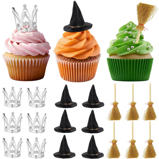 XLENGO 18 Pcs Witch Birthday Cupcake Toppers, Witch Hat Cake Topper Crown and Broom Cake Decorations for Witch Themed Birthday Party Supplies