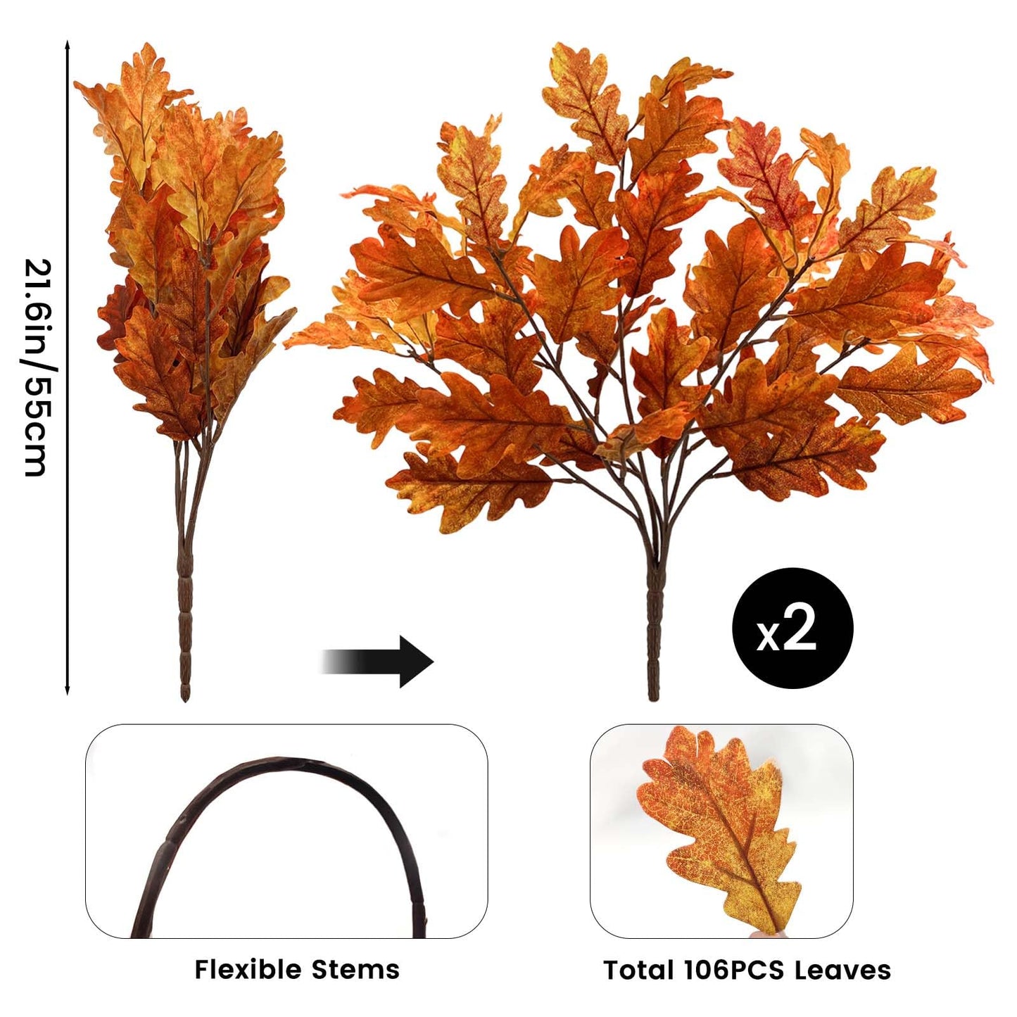 SNAIL GARDEN 2 Pack 21.6in/55cm Artificial Fall Stems with 106 Ombre Leaves,Realistic Autumn Foliage for Vase Fillers, Thanksgiving & Halloween Decor