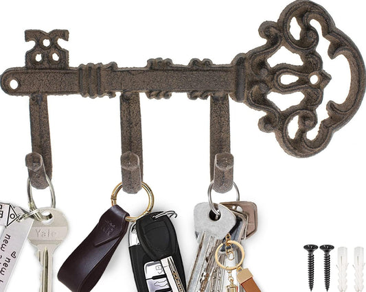 Comfify Rust Brown Cast Iron Skeleton Key Wall Hook – 3 Hooks, 7.67" L
