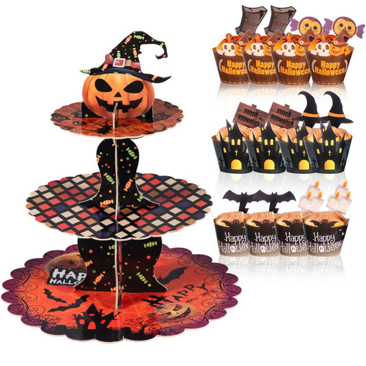 LemonRoad 3-Tier Halloween Cupcake Stand Pumpkin Stack Dessert Display Holder with 12 Haunted House Cup Cake Wrappers 12 Cake Toppers for Halloween Treat Birthday Table Decorations