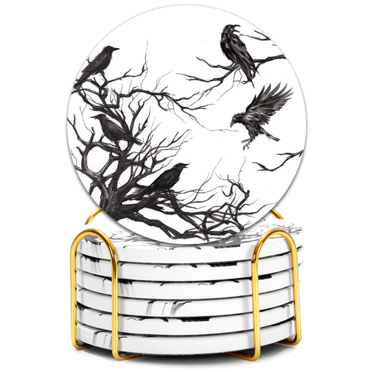 6Pcs Halloween Coasters with Holder Silhouette Tree Crows Drink Coasters Branches Black Ceramic Cup Mats for Party Home Office Table Decor