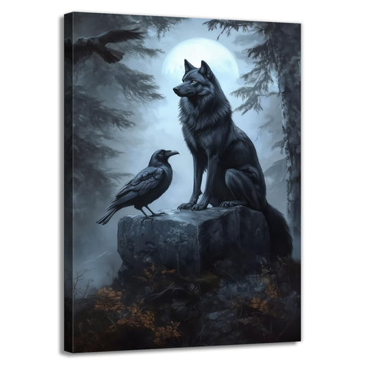 OAAPITI Wolf Raven Wall Art Gothic Nature Wildlife Canvas Print Spooky Forest Art Hallowen Decoration for Living Room Bedroom Wall Deocr