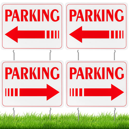 Qunclay 4 Pcs Event Parking Sign with Stake, with Directional Arrows 12 x 16 Inch Double Sided Corrugated Plastic Guest Parking Sign for Outdoor Yard(Red)