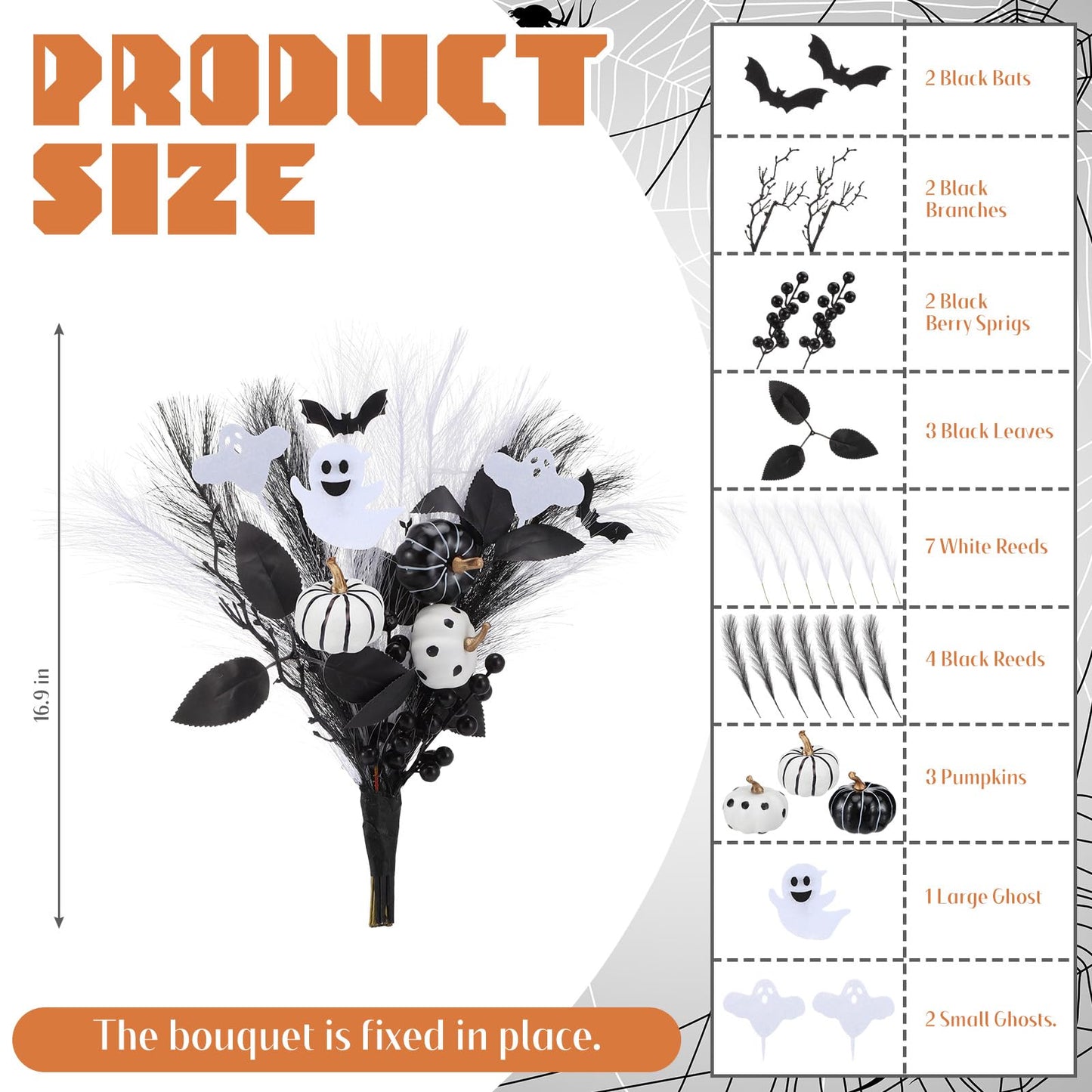 Zeyune Black Artificial Flowers 17'' Halloween Floral Picks with Cute Ghost Pumpkin Halloween Vase Filler Gothic Flower Bouquet Black Branches Centerpiece for Bedroom Living Room Witchy Home Decor