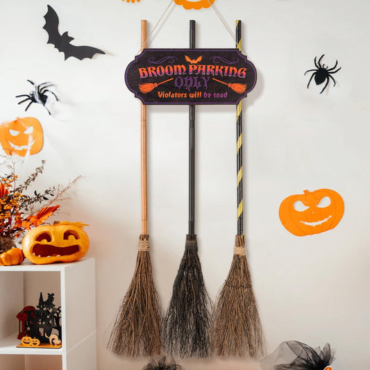 Halloween Decorations Broom Parking Sign with 3 Witch Brooms – Hocus Pocus Themed Wooden Sign Porch Decor for Indoor Outdoor Door Home Wall Halloween Party (Without Lights)