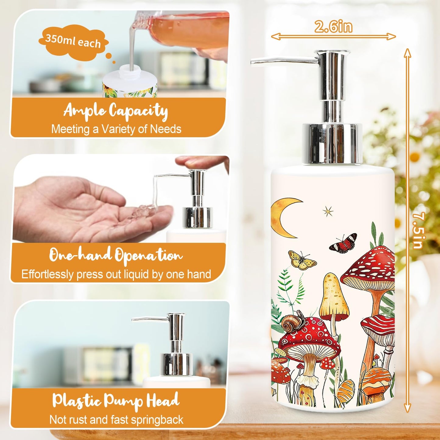 JarThenaAMCS Mushroom Soap Dispenser Glass Dispenser with Pump Refillable Mushroom Butterfly Moon Star Liquid Soap Container for Home Kitchen Bathroom Countertop