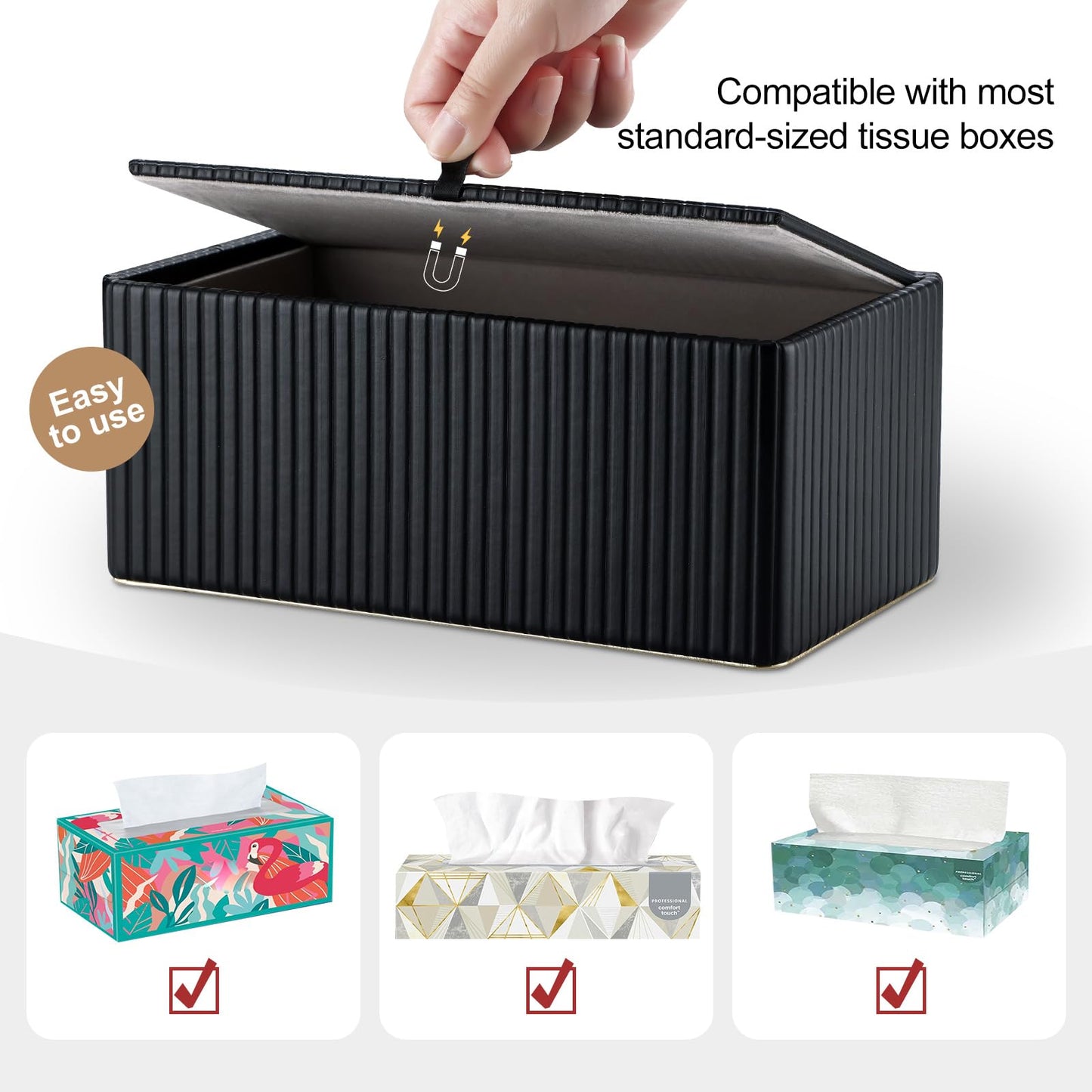 KINGFOM Rectangular Tissue Box Cover, PU Leather Tissue Box Holder with Magnetic Bottom, Napkin & Facial Tissue Holder Dispenser Decorative Box Cover for 120-count (3-Ply) 160-count (2-Ply) Black