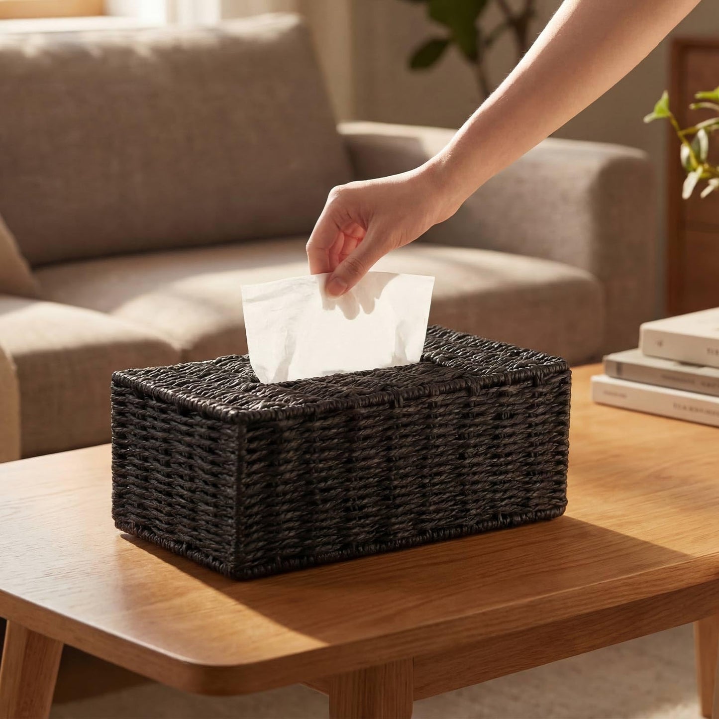 Acellegic Black Tissue Box Cover Rectangle Natural Paper Rope Hand Woven Tissue Box Holder for Bathroom Living Room Bedroom Kitchen Table Desk Office Farmhouse Home Decor
