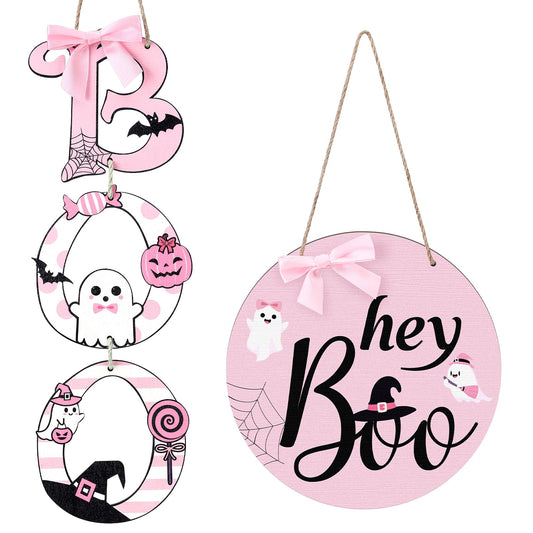 Amyhill 2 Pcs Halloween Door Sign Pink Boo Wooden Sign Ghost Wreath Decorations with Pink Bow for Farmhouse Front Door Hanger Porch Wall Decor