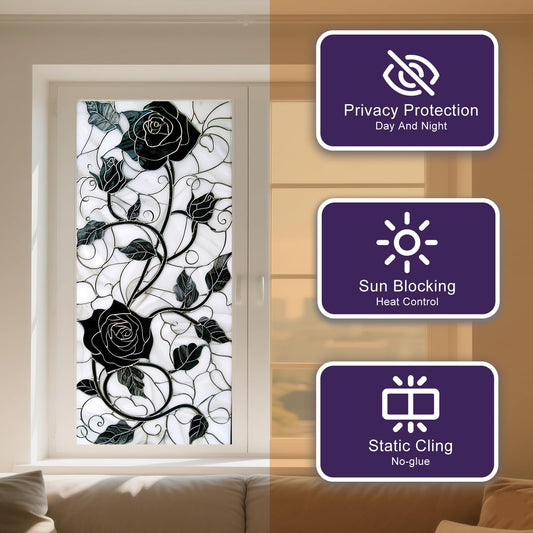 IVN Privacy Window Film Black Rose Vine Decorative Window Cling Stained Glass Style Static Cling Glass Sticker for Bathroom Entryway Kitchen Door Panel 17.7 x 39.3 Inch