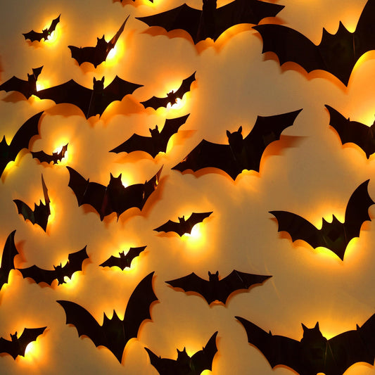 DR.DUDU 36 Pack Light Up Bats Halloween Decorations 3D LED Bats Wall Decor Removable Bat Stickers for Indoor Outdoor Window Bathroom Garage Door Home Party (Orange)