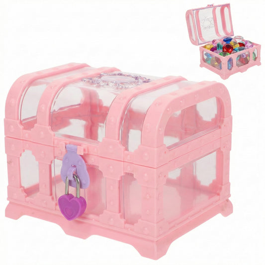 Pirate Treasure Chest, Pink Plastic Jewelry Princess Box Clear Treasure Box with Lock Girls Souvenir Storage Organizer Small Favor Display Container for Girl Boys Keepsake Trinket Gemstone (5.3×4")