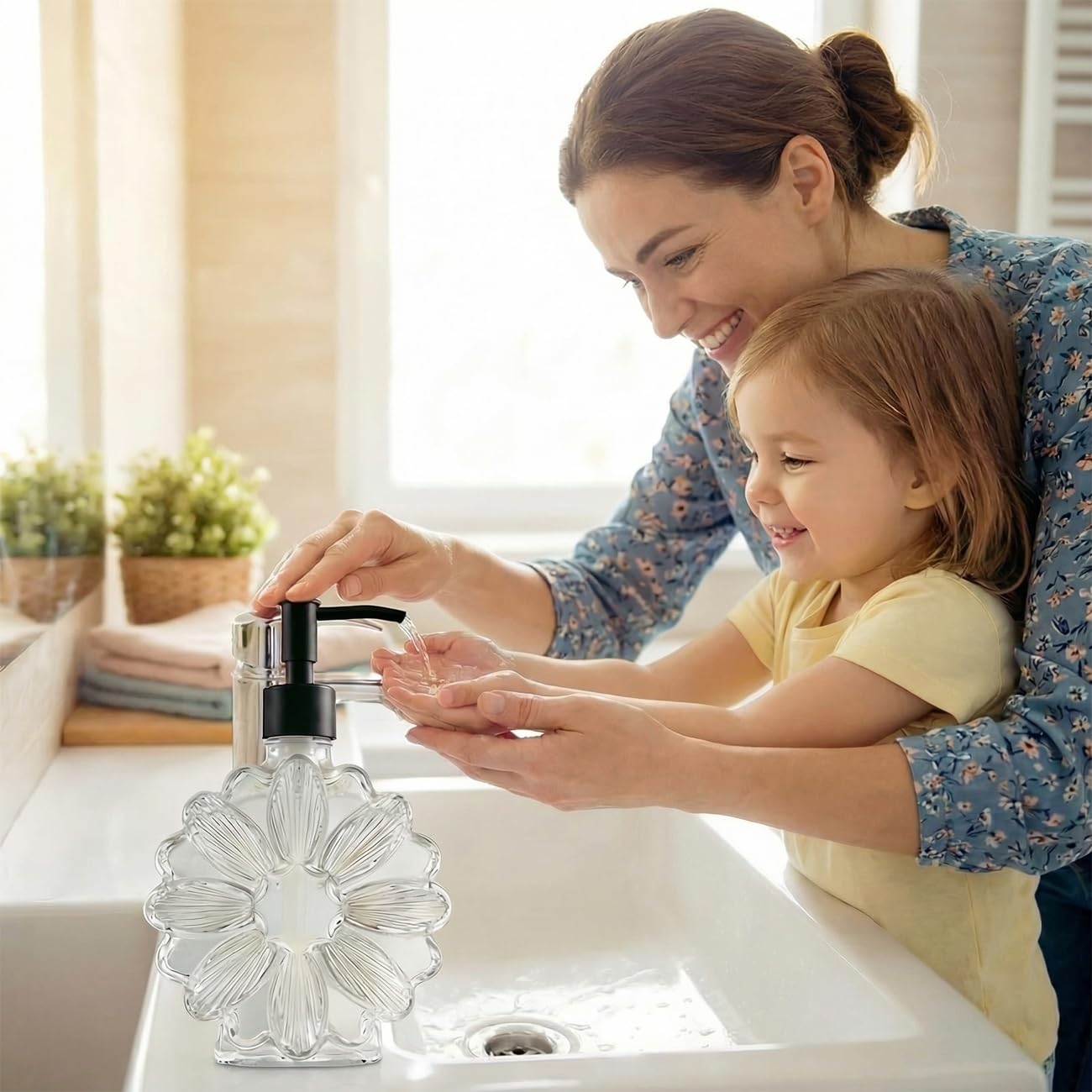 Aniced Flower Clear Glass Soap Dispenser Liquid Hand Countertop Cute Retro Floral Decorative Lotion Dispensers Refillable Hand Pump for Bathroom Kitchen Toilet Sinks Countertops 17 Oz (Black)