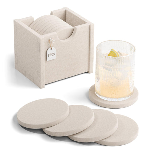 Fluxynara Felt Coasters for Drinks, Set of 8 Absorbent Coasters with Holder, Heat-Resistant & Reusable Round Design for Coffee Table & Living Room, 3.94 Inch, Oatmeal